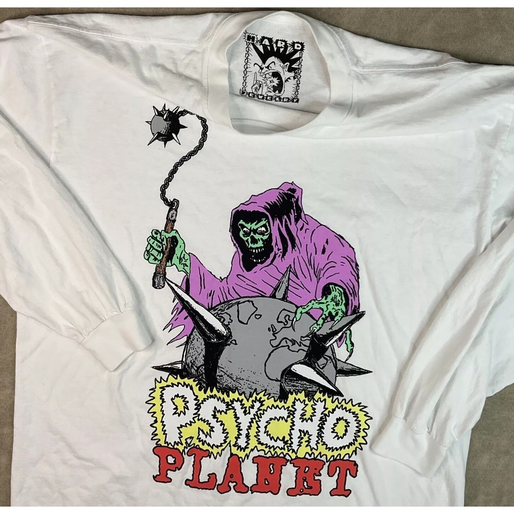 Hard Jewelry Psycho Planet Long Sleeve T-Shirt Mens XL Reaper Graphic White RARE